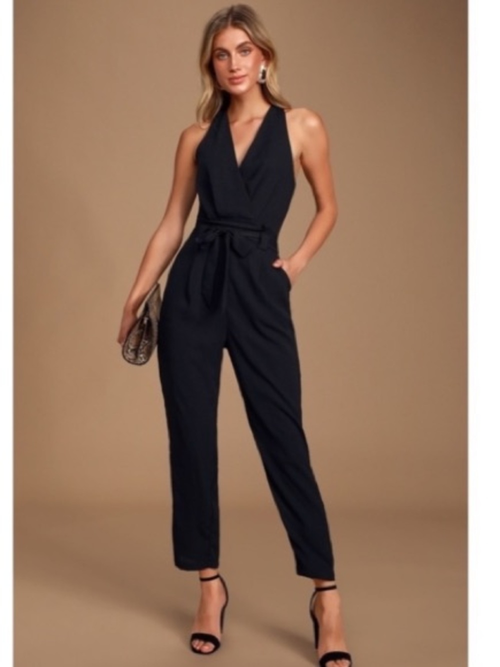 Lulu's Classic Black Sleeveless Wrap V-Neck Jumpsuit with Waist Tie